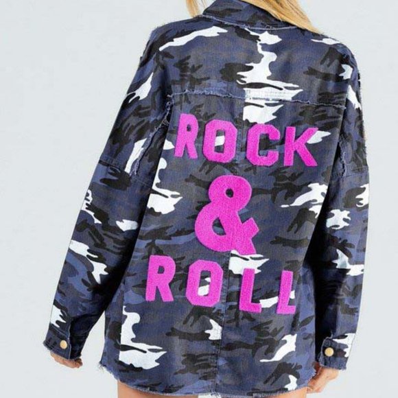 DAVI & DANI Tops - NEW DAVI & DANI CAMOUFLAGE SLATE BLUE CAMO SHACKET SHACKET SM-3X ROCK & ROLL